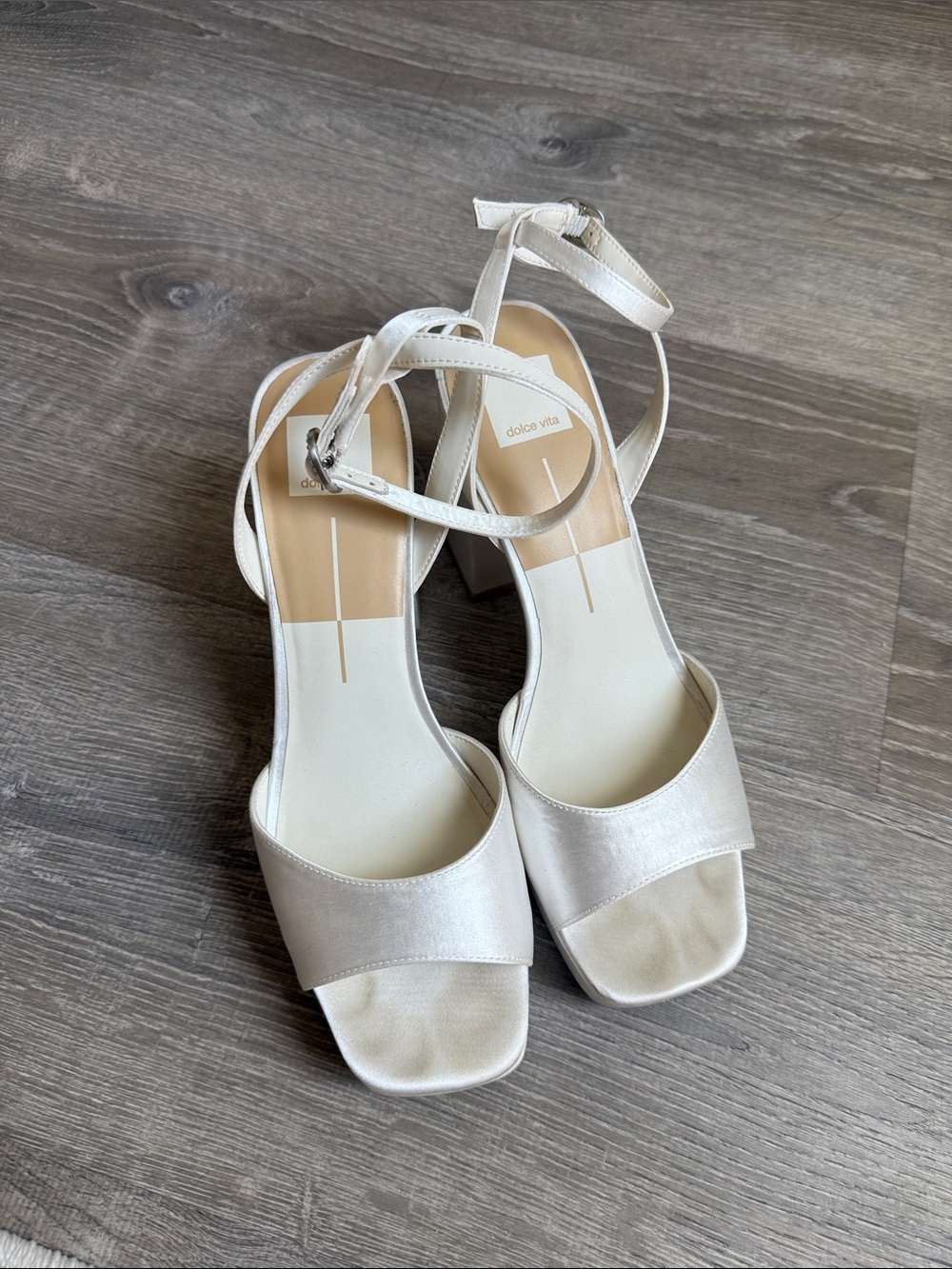 Dolce Vita Ivory Satin Ankle-Strap Block Heel Sandals